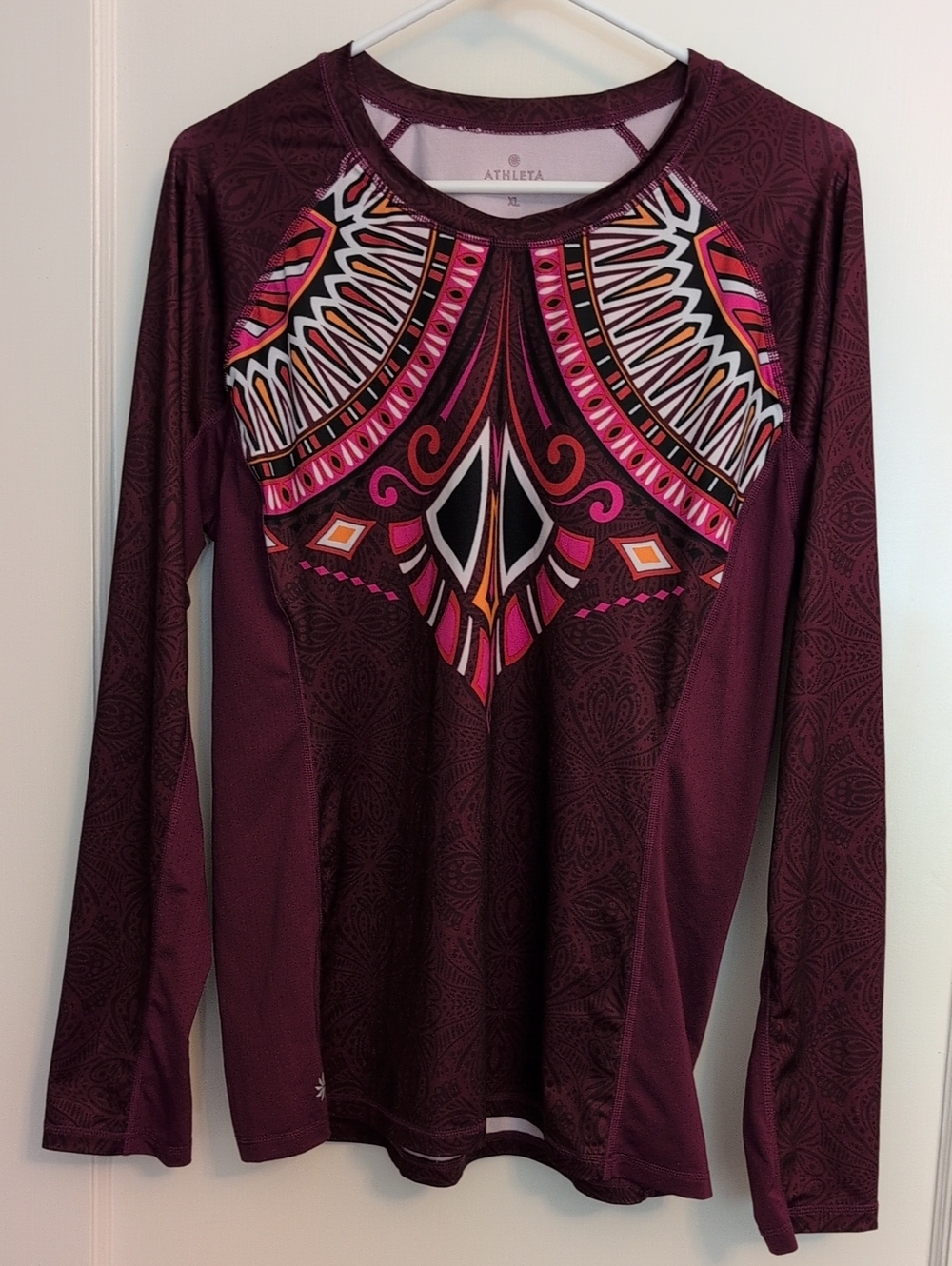 Athleta Long-Sleeve Burgundy Active Top with Pink & Orange Print